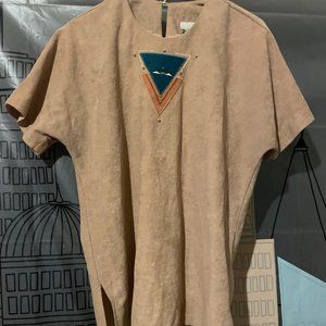 Vintage 90s Southwestern Tribal Faux Suede Beige Top with Geometric Design